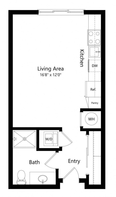 a 2D floorplan of the studio Evans at The Conrad in Omaha, NE 68105